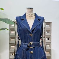 Robe maxi en denim sans manches à fleurs, style décontracté chic, style urbain, nouvelle collection 2025, écologique, avec col rabattu et ceinture à la taille