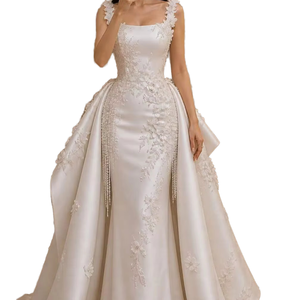 S1456Y 2026 Nouveauté Tendance : Robe de Soirée Française de Luxe, Col Carré Moderne, Élégante, avec Perles, Pompons et Motifs Floraux, en Satin Réversible - Product Image 1