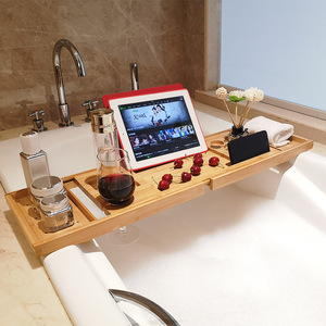 Bamboo Bathtub Rack Telescopic Bath Tray With Wine Glass Holder Phone <b>Tablet</b> <b>Stand</b> Storage Organizer <b>For</b> Bath Time Relaxation - Product Image 2