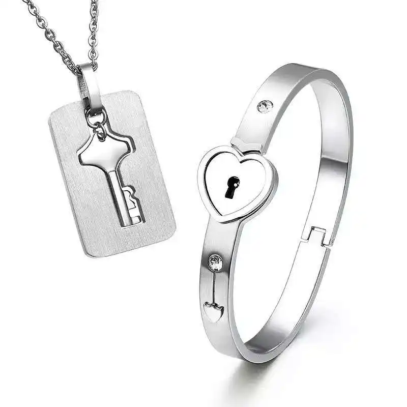 A Set Couple Fashion Titanium stainless Steel Key Bangle Bracelet and Love Lock Heart Necklace Set for Girlfriend