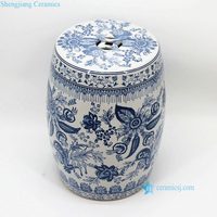 RZPZ30-G Bangku Drum Porselen Biru dan Putih, Motif Bunga & Daun, Kursi Taman Antik Cina