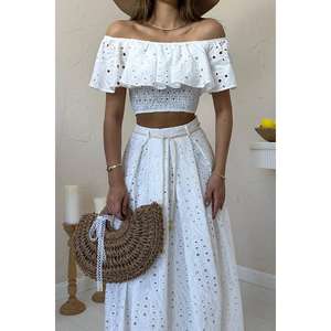 Ensemble haut et jupe en dentelle blanche bohème à épaules dénudées pour femme, tenue d'été respirante à manches courtes - Product Image 1