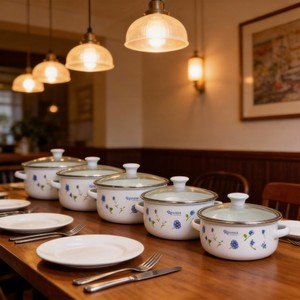 Ensemble de 7 bols à mélanger en céramique avec couvercles en verre et doubles poignées, design floral bleu personnalisé, marque Harvit, respectueux de l'environnement - Product Image 3
