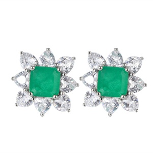 Simple Fashion Jewelry Eco-friendly Copper Silver Plated Princess Square Cut Green Zircon Floral Stud <b>Earrings</b> Women - Product Image 1
