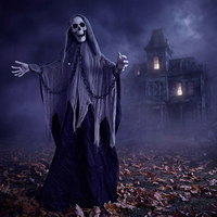 Décor d'Halloween Grim Reaper animé grandeur nature de 185 cm, squelette fantôme agitant les bras activé par le son avec des yeux rouges lumineux et un torse vert