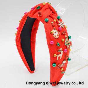 Nouveau serre-tête de Noël pour femme, en tissu, incrusté de gros diamants, avec Père Noël et flocon de neige, fait main, tendance, noué - Product Image 4