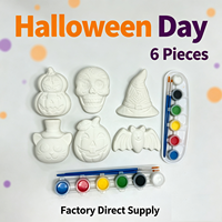 Perlengkapan Lukis DIY Halloween untuk Anak-Anak, 6 Bentuk Figurine Plester Tanpa Warna dengan Kuas Lukis, Pasokan Pabrik