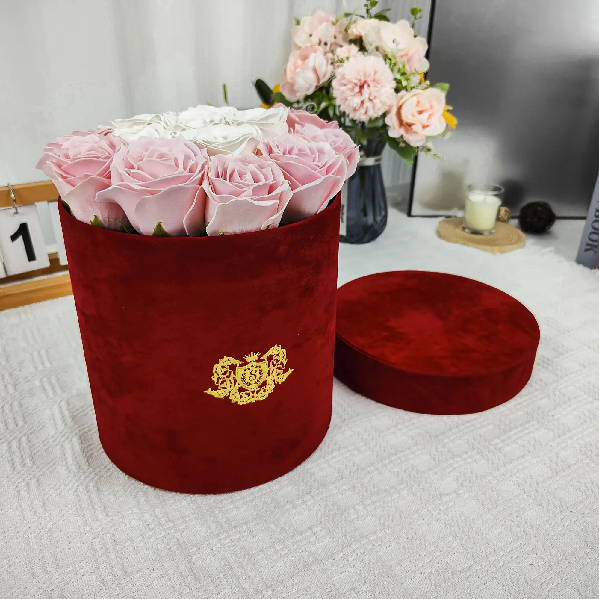 Caixa de flores cilíndrica decorativa de luxo para flores para presente de casamento