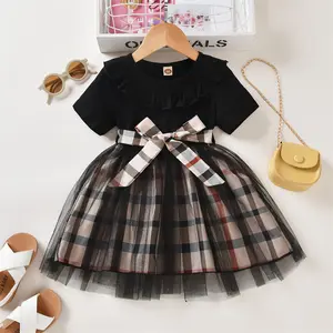 Le nuove ragazze vestono l'estate nuova gonna con cuciture per bambini vestito da principessa in Tulle scozzese nero per bambini