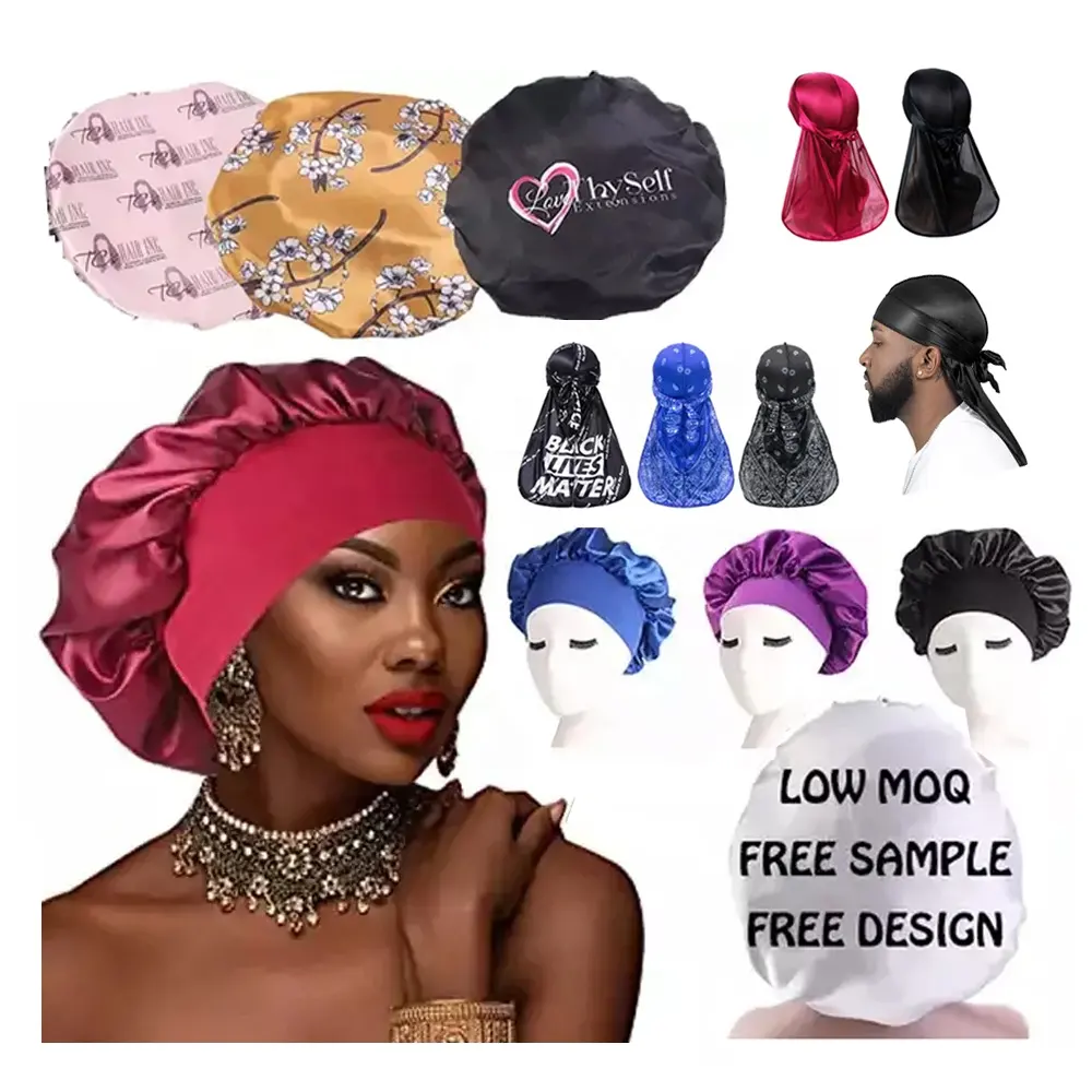 Custom Logo Silk Stain Bonnet And Durags Hair Bonnets Sleeping Colorful Women Satin Bonnets Satin Hair Wraps Beauty Salon Home H