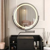 Miroir de maquillage de bureau éclairé par LED avec rotation à 360 degrés, tige télescopique, boîte de rangement en bois et miroir de maquillage