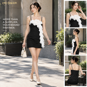 Abito Mini Aderente Nero da Donna con Doppia Spallina Sottile e Bordo a Balze con Rosette Bianche per Feste Serale Personalizzato OEM Private Label - Product Image 3
