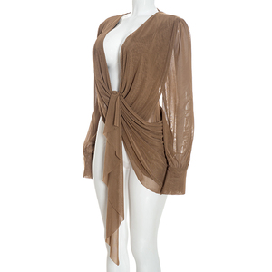 Viviblook Q26TP135 Blusa para mujer con cuello en V profundo, plisada, de color sólido, manga larga, sin espalda, sexy, ajustada, informal - Product Image 3