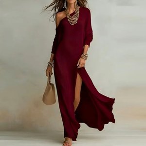 Robe Rétro Élégante Prête à l'Expédition pour Femme – Coupe Ample, Couleur Unie, Épaule Dénudée, Fendue, Manches Longues, Confortable et Stylée pour l'Extérieur - Product Image 3