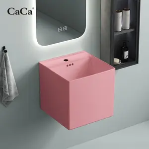 CaCa European Bathroom Wall Hung Wash Basin Pink Vessel Art Basin Sink With Smart Mirror And Cabinet