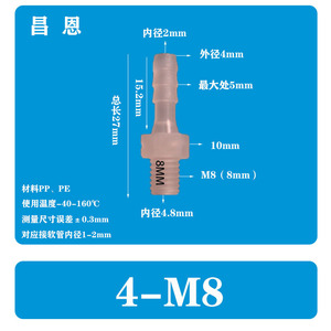 4-M8ข้อต่อท่อพลาสติก PP แบบตรงทนต่อการกัดกร่อน M5ภายนอก M10เกลียว M6สุขาภิบาล - Product Image 2