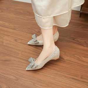 Solid Bridal Pumps Pointed Toe Glitter Bow Slip-On Med Heel <b>Height</b> <b>Increasing</b> Wedding <b>Shoes</b> - Product Image 2