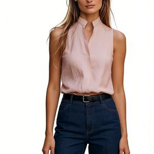 Women's Sleeveless Mandarin Collar Blouse - V-Neck Button Front Casual <b>Top</b> Shirt Fashion - Product Image 3