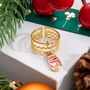 แหวนเปิดลายการ์ตูนคริสต์มาสชุบทองพร้อมจี้สำหรับผู้หญิง ของขวัญเครื่องประดับ - Product Image 2