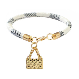 <b>Leather</b> <b>Bracelet</b> With Mini Bag Charm Gold Plated Checkerboard Pattern Black White Brown Gift Jewelry - Product Image 4