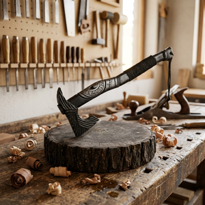 Hache Viking Nordique Industrielle Faite à la Main avec Manche en Bois Sculpté, Hachette à Double Lame, Outil de Survie pour le Camping et les Activités de Plein Air - Product Image 2
