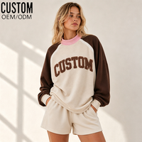Ensemble de survêtement décontracté deux pièces pour femme, avec sweat-shirt à col montant et manches raglan, color block personnalisé, broderie appliquée, coupe oversize