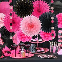 Décorations de fête rose vif pour filles et femmes, pompons en papier rose vif et noir, éventails en papier, lanternes pour fête nuptiale, mariage, anniversaire