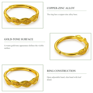Lena Gold Plated <b>Ring</b> With Leaf Detail Slim Band Classic Unisex Jewelry - Product Image 4
