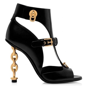 Brand New Metal Chain Heels Women Peep Toe Sandals Gold Slim High-heeled Summer Short Ankle Boots Stiletto Cut Out <b>Shoes</b> - Product Image 5
