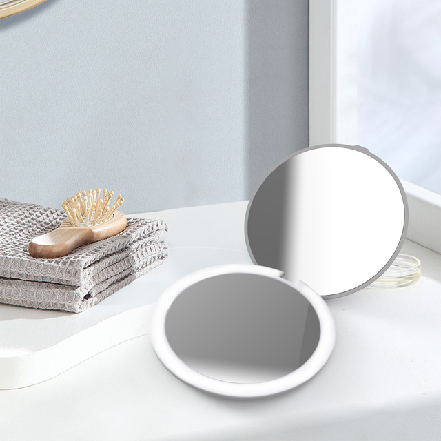Round Double Sided 2x Magnifying Fashion Girls Pocket Folding Rechargeable Mini Cosmetic Makeup Mirror with LED Light