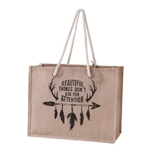 Custom Printed Large Eco Friendly jute draw, string bags Burlap Jute Tote bags for advertising With Logos/