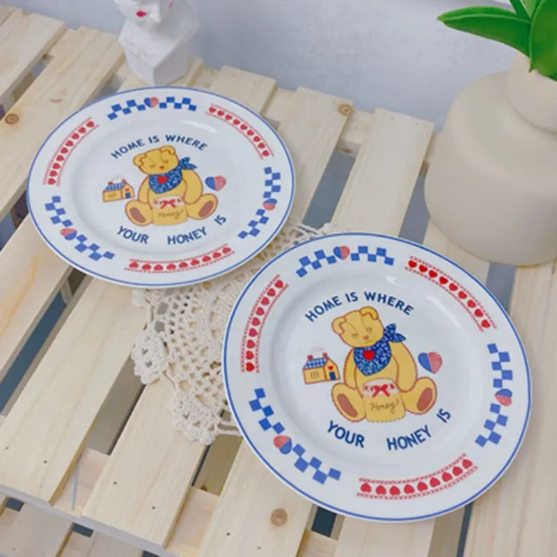Piring Keramik Beruang Madu Retro Piring Sarapan Camilan Kue Buatan Tangan Korea