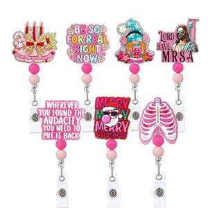 Best-selling Luxury Pink-coloured Soft <b>Silicone</b> <b>Bead</b> Acrylic Telescopic Rotating crocodile Clip Pull-tab ID Holder - Product Image 2