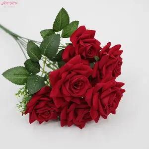 โรงงานขายส่งคุณภาพสูง 7 หัวดอกกุหลาบประดิษฐ์ดอกไม้สีแดง Rose ช่อดอกไม้บ้านงานแต่งงานตาราง DIY ตกแต่งกลาง