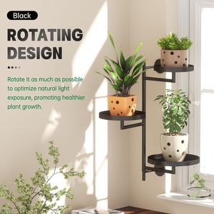 Soporte giratorio de metal negro de 3 niveles para plantas de ventana, estante para macetas, soporte decorativo para flores para el hogar. - Product Image 1