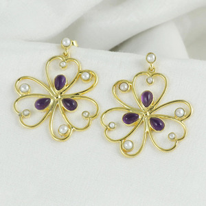Best Selling Amethyst and Pearl Flower Gold Plated Brass <b>Earrings</b>, Multi gemstone filigree <b>earrings</b> - Product Image 2