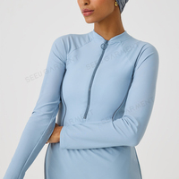 Burkini pour femmes musulmanes bleu poudré avec logo personnalisé, jupe portefeuille à demi-zip, ensemble de bain modeste, tenue de plage musulmane, marque privée, commande en gros