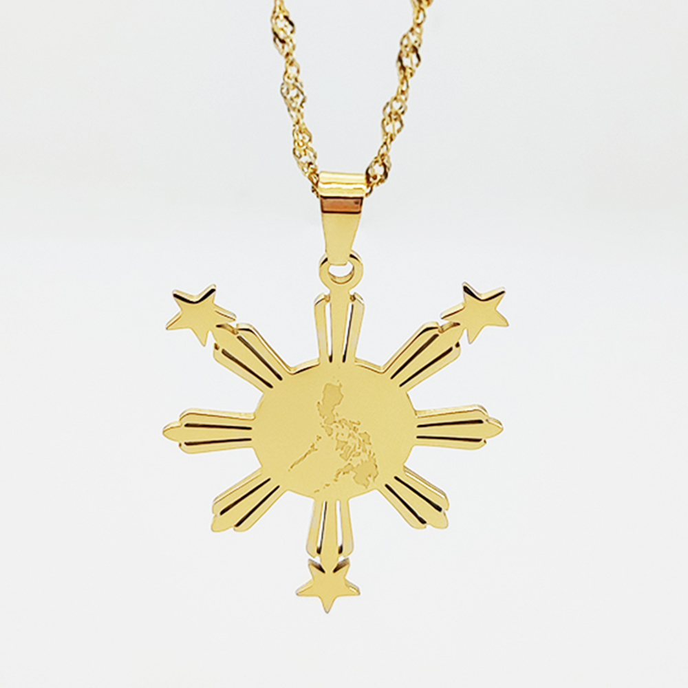 Collana con Mappa delle Filippine in Acciaio Inossidabile, Gioiello con Mappa delle Filippine e Stella del Sole Placcato Oro, Orgoglio Filippino, Joyeria Fina