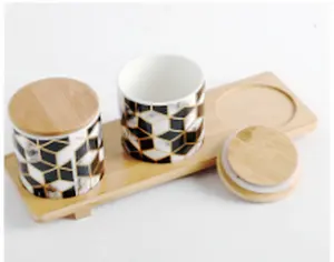 kitchen Accessories Food Containers Jars Ceramic Sealed Black And White Jars Set With Bamboo Lid