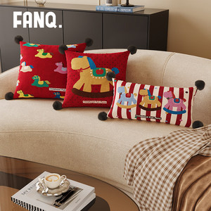 FANQ Red Festive Throw Pillow Colorful Rocking Horse Dutch Velvet <b>Cushion</b> Home Sofa Decor With <b>Insert</b> Striped Cartoon Pattern - Product Image 1
