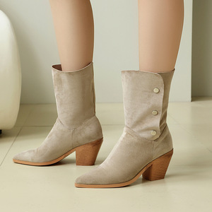 Low <b>Block</b> Heel Cowboy Shoes Light Khaki Suede Mid Calf Western Boots Convertible Shaft For Boutique Shopping And Afternoon - Product Image 4