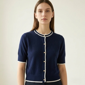 French Style Nautical Preppy Contrast Trim Premium <strong>Navy</strong> <strong>Blue</strong> Cashmere Wool Short Sleeve <strong>Cardigan</strong> with Polished Gold Buttons - Product Image 1