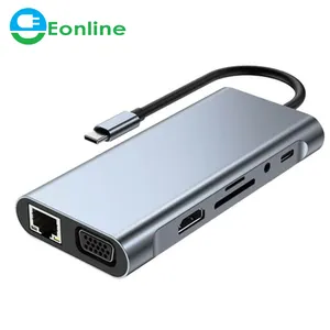 11 in 1 USB C HUB tipi C adaptörü 4K VGA RJ45 Lan Ethernet SD/TF mikro kart Hub 3.5MM AUX 11 Port dok istasyonu PC