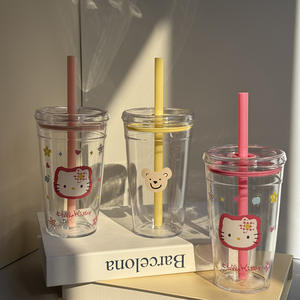 Taza de pajita de plástico de 450mL, taza de café Boba de diseño impreso minimalista, vasos reutilizables para uso diario - Product Image 2