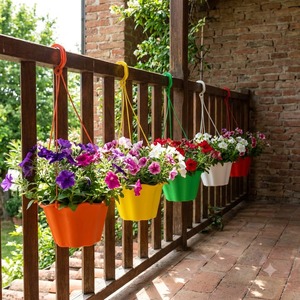 Vente en gros de pots suspendus ronds en plastique de 5 couleurs, design à bord festonné avec 3 crochets pour la plantation de fleurs dans le jardin ou sur le balcon - Product Image 1