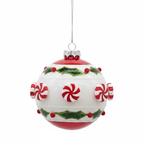 Boule de Noël en verre motif feuille de houx et bonbon menthe, décoration de Noël rouge et blanc en forme de canne à sucre pour sapin de Noël et décoration intérieure - Product Image 1