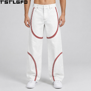 Vaqueros personalizados de béisbol para hombre, blancos, holgados, de pierna recta, con bordado de chevron rojo, estilo urbano Y2K, sueltos, informales, al por mayor. - Product Image 4