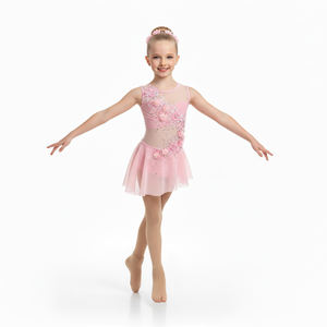 Vestido de Danza para Niñas, Color Rosa Floral, Malla Transparente, Sin Mangas, Spandex/Nailon, Apliques Florales Hechos a Mano, para Danza Lírica - Product Image 1