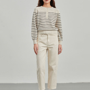 ODM elegante maglione Pullover in <span class=keywords><strong>maglia</strong></span> a righe bianche e nere con bottoni girocollo 12gg - Product Image 4