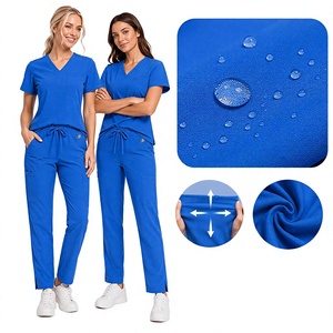 Unisex V-Neck <b>Scrub</b> <b>Top</b> Short Sleeve Blue Cotton Polyester OEM Hospital Uniform Needle Detection <b>Scrub</b> Sets - Product Image 4